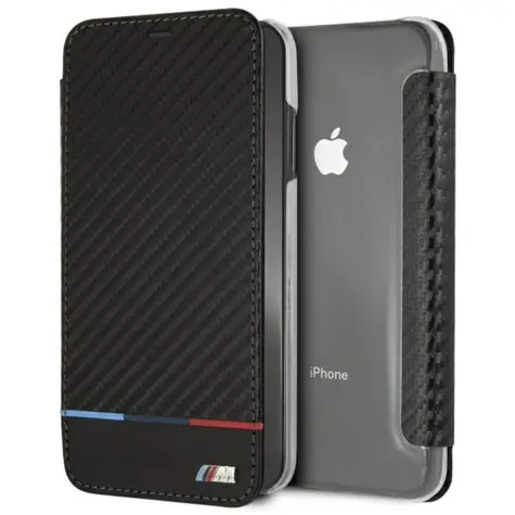 BMW Puzdro typu kniha Carbon Tricolor Stripe pre iPhone XS Max čierna