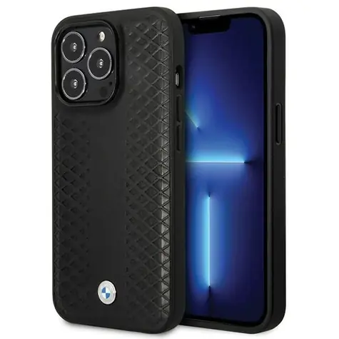 BMW Zadný kryt kožený s diamantovým vzorom pre iPhone 14 Pro čierna