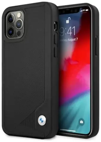 BMW Zadný kryt kožený s reliéfnym vzorom pre iPhone 12 Pro Max čierna