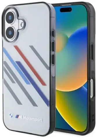 BMW Zadný kryt Motosport Random Stripes pre iPhone 16 PLUS sivá