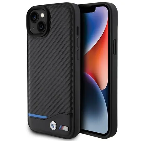 BMW Zadný kryt kožený karbónový pre iPhone 15 PLUS čierna