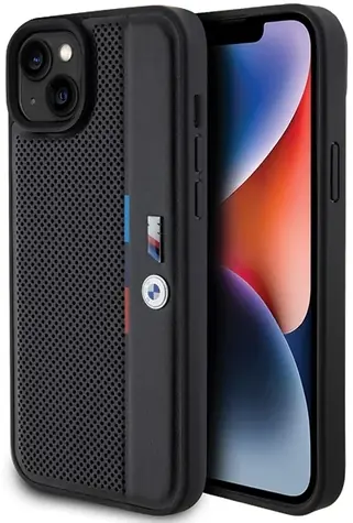 BMW Zadný kryt perforovaný Tricolor Line pre iPhone 15 PLUS / 14 PLUS čierna