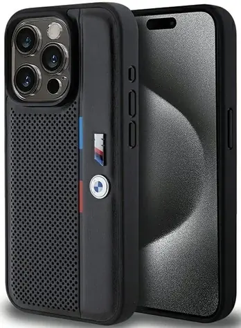 BMW Zadný kryt perforovaný Tricolor Line pre iPhone 15 Pro čierna