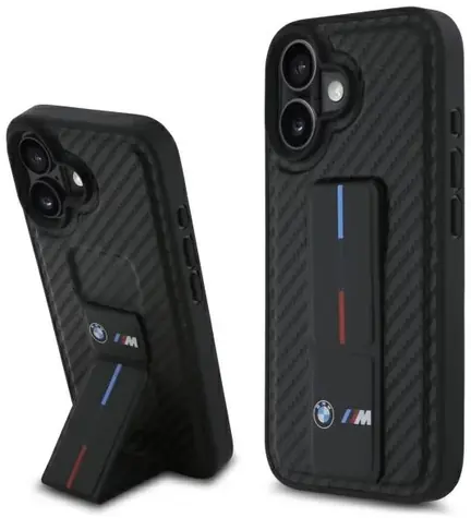BMW Zadný kryt Grip Stand Smooth and Carbor pre iPhone 16 čierna