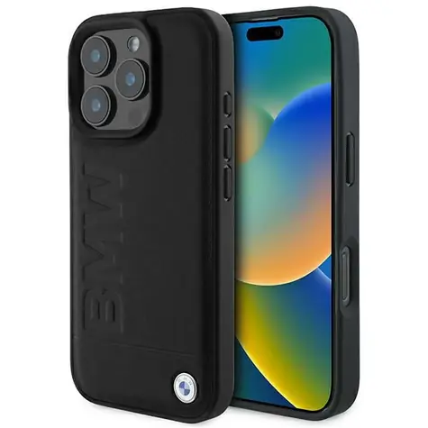 BMW Zadný kryt kožený Hot Stamp pre iPhone 16 Pre čierna