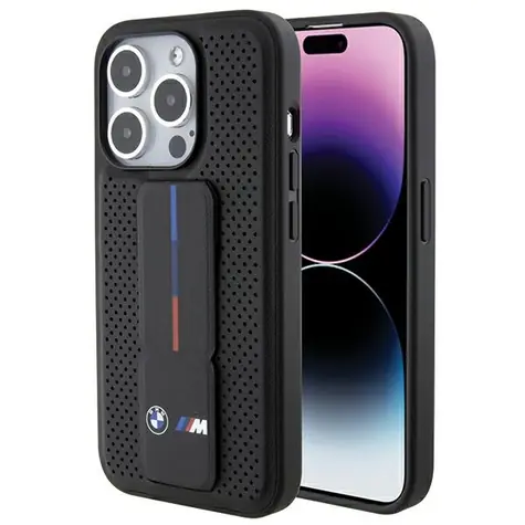 BMW Zadný kryt Grip Stand Smooth & Perforated pre iPhone 15 Pro čierna