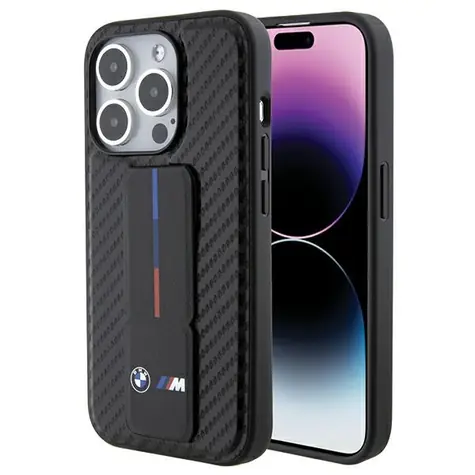 BMW Zadný kryt Grip Stand Smooth & Carbon pre iPhone 15 Pro čierna