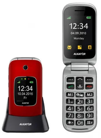 Aligator V650 Senior červeno-strieborná / SOS tlačidlo / 1.3MP / stolná nabíjačka / FM / SOS Locator