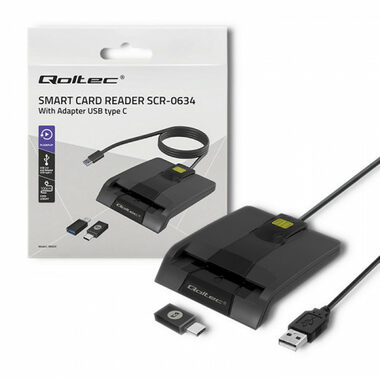 Qoltec 50634 Múdra čítačka čipových kariet 1m čierna / USB 2.0 / USB - C adapter / LED Dióda