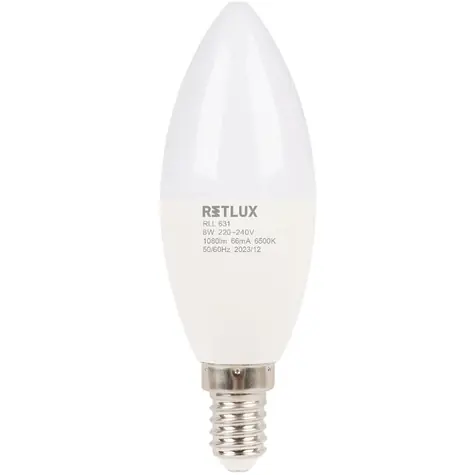 Retlux RLL 631 C37 E14 sviečka 8W / 1080 lm / 6500K - denná biela / D 