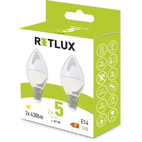 Retlux REL 34 LED C37 2x5W E14/430 lm/3000K - teplá biela / 2ks