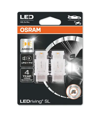 OSRAM LEDriving SL 12V P27/7W W2, 5x16q oranžová / 145lm / 6000K / 4000h / noDIM / A + / sklo mliečne / 2ks