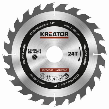 KREATOR KRT020414 / Pílový kotúč na drevo / Priemer 185 x 30 mm / Šírka rezu 2.2 mm / Počet zubov 24
