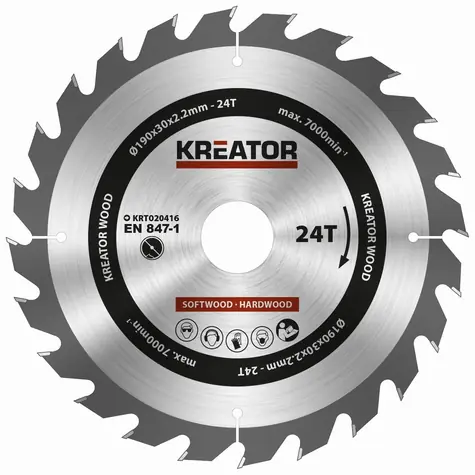 KREATOR KRT020416 / Pílový kotúč na drevo / Priemer 190 x 30 mm / Šírka rezu 2.2 mm / Počet zubov 24