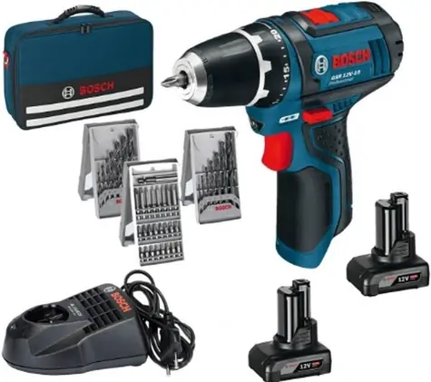BOSCH GSR 12V-15 / Aku Vŕtací skrutkovač s príslušenstvom (39ks) / 12V / 2x4.0Ah / 10mm skľučovadlo / 1600 ot-min / 30 Nm