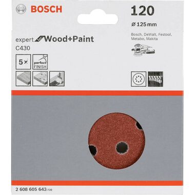 BOSCH Expert C430 2608605643 / Kotúč do excentrickej brúsky / Zrnitosť 120 / 125mm / 8 otvorov / suchý zips / 5ks