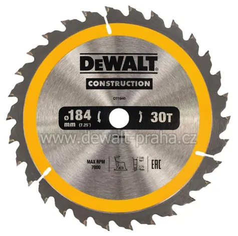 DeWalt DT1940 / Pílový kotúč pre kotúčové píly / Priemer 184x16 mm / Šírka rezu 2.6 mm / Počet zubov 30