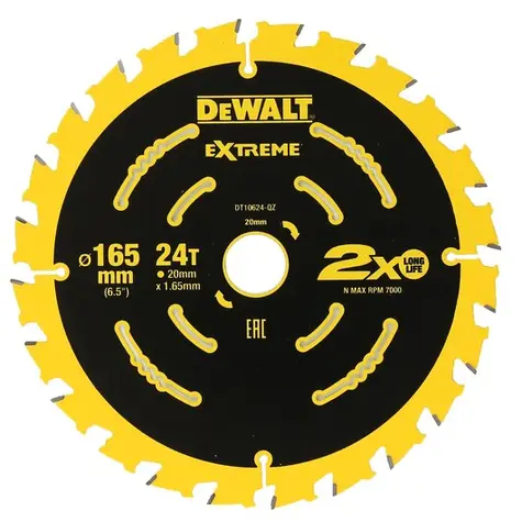 DeWalt DT10624 / Pílový kotúč pre aku kotúčové píly / Priemer 165x20 mm / Šírka rezu 1.65 mm / Počet zubov 24