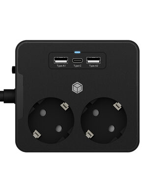 Icy Box IB-MPS2220B-CH čierna / viacnásobná zásuvka 2 zásuvky čierna / 2x USB / 1x USB-C / montáž na stôl / stenu