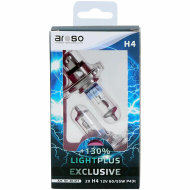 Aroso Autožiarovky Light Plus H4 12V 60/55W P43t sada 2ks - svietivosť plus 130%