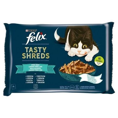 PURINA Felix Tasty Shreds with salmon &amp; tona 4X 80g / Kapsičky pre mačky / tuniak s lososom