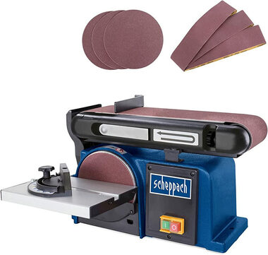 Scheppach BTS 900 / Kombinovaná brúska / pásová a čelná / 370W / 7.3m / s / 2850 ot-min / 150mm kotúč / 230V