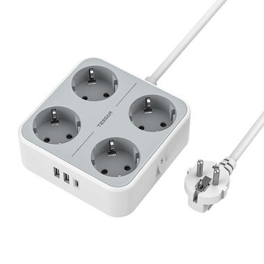 Tessan TS-302-C-GR biela / Predlžovací kábel / 2 m / 4X AC / 2x USB-A / 1x USB-C