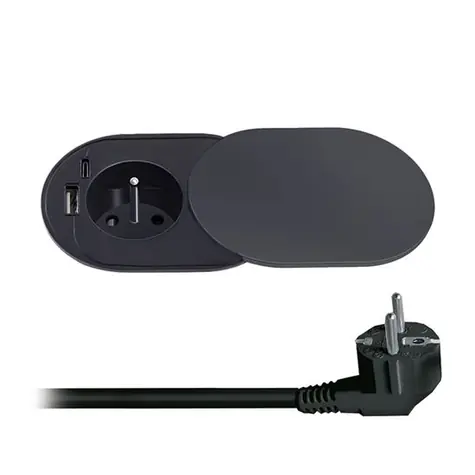 Solight PP124CB-PD20 1z + USB A + C 20W PD vstavaná zásuvka s posuvným viečkom čierna / kábel 2m