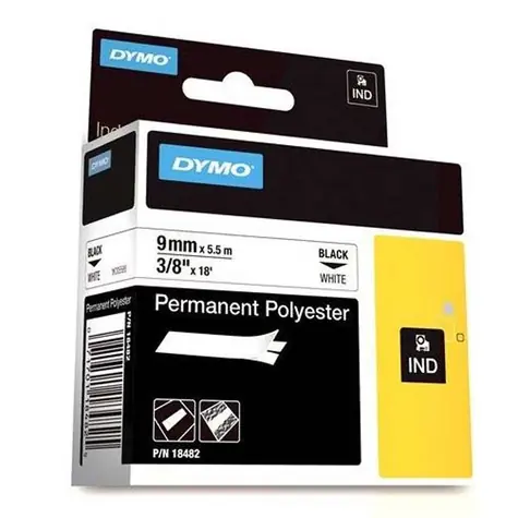 Dymo originálna páska do tlačiarne štítkov 9mm x 5.5m / čierna tlač / biely podklad / RHINO permanentná polyesterová D1