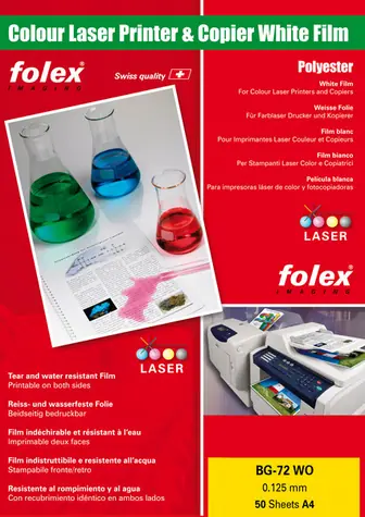 folex BG-72 WO DIN A4 / Biela lesklá polysterová fólia pre obojstrannú tlač / laser / 50 ks