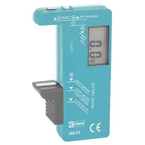 EMOS LCD tester batérií UNI D3 / AA / AAA / C / D / 9V a gombíkové / LCD displej