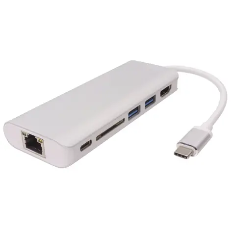 PremiumCord Prevodník USB3.1 na HDMI/RJ45/2x USB3.0/slot na SD karty/PD charge/0,2m/strieborná