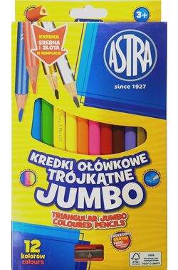 ASTRA Trojhranné pastelky 12ks Jumbo s strúhadlom (vrátane zlatej a striebornej farby)