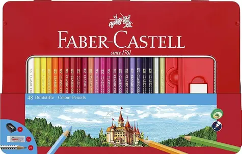 Faber-Castell Pastelky 48ks v plechovom puzdre + strúhadlo, guma a ceruzky