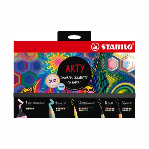 STABILO® ARTY - 50 ks sada - zvýrazňovače, viacúčelové pastelky, akvarelové pastelky, jemné linery