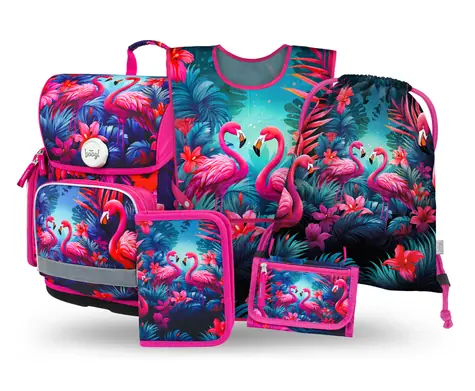 BAAGL SET 5 Ergo Plameniaky: aktovka, peračník, sáčok, zástera, peňaženka