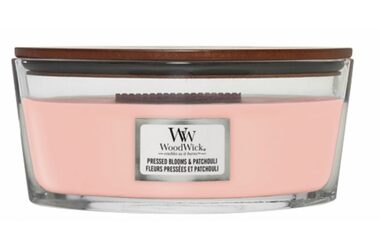 WoodWick Pressed Blooms &amp; Patchouli Elipsa 453.6g - sviečka loď / doba horenia: až 40 h