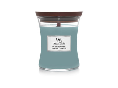 Woodwick Evergreen Cashmere 275g - váza stredná / doba horenia: až 65 h
