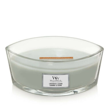 WoodWick Lavender &amp; Cedar Elipsa 453.6g - sviečka loď / doba horenia: až 40 h