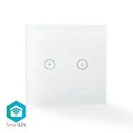 Nedis SmartLife Nástenný vypínač / Wi-Fi / Dvojitý / Nástenný držiak / 1000 W / Android & iOS / Sklo / biela
