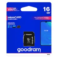 Goodram microSDHC 16GB + adaptér / Class 10 / UHS-I U1 / R: 100 MBs / W: 10 MBs