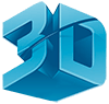 Ikona 3D – modré priestorové logo označujúce podporu trojrozmerného zobrazenia