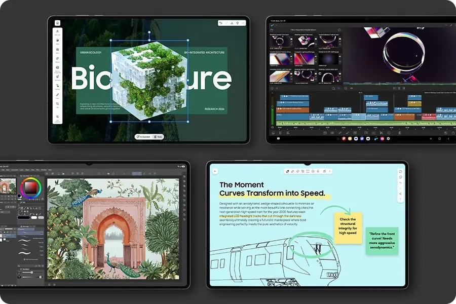 Čtyři tablety Galaxy Tab S12 Ultra, každý s jinou aplikací - Photoshop, LumaFusion, Clip Studio Paint a Notability