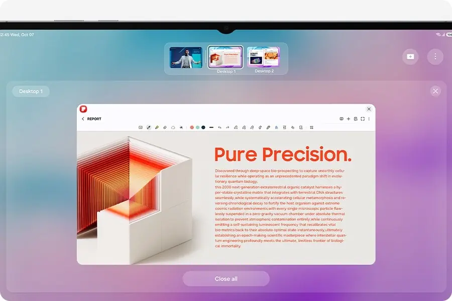 Rozhraní Samsung DeX na Galaxy Tab S12 Ultra s náhledy pracovních ploch v horní části