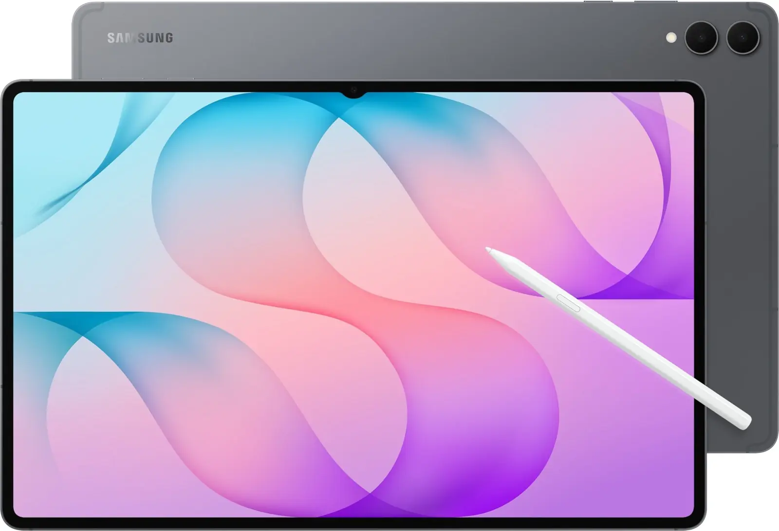Galaxy Tab S12 Ultra 5G v šedé barvě s perem S Pen, pohled zepředu a zezadu