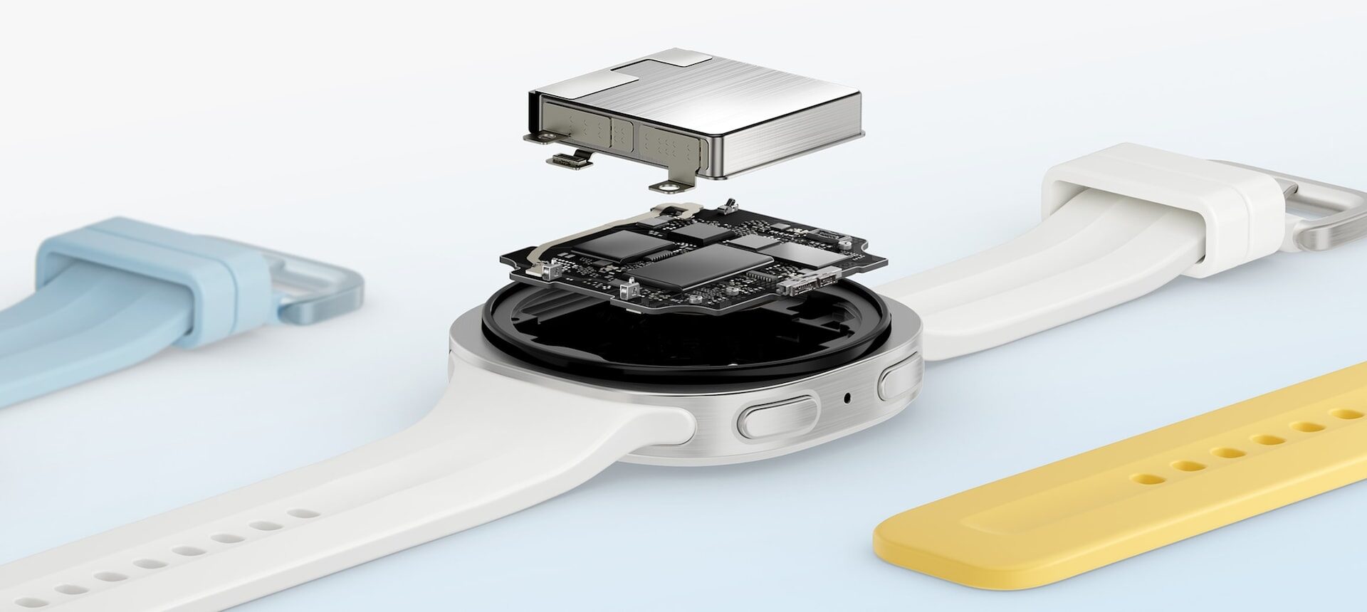Rozložené Galaxy Watch9 s viditelnou baterií a základní deskou