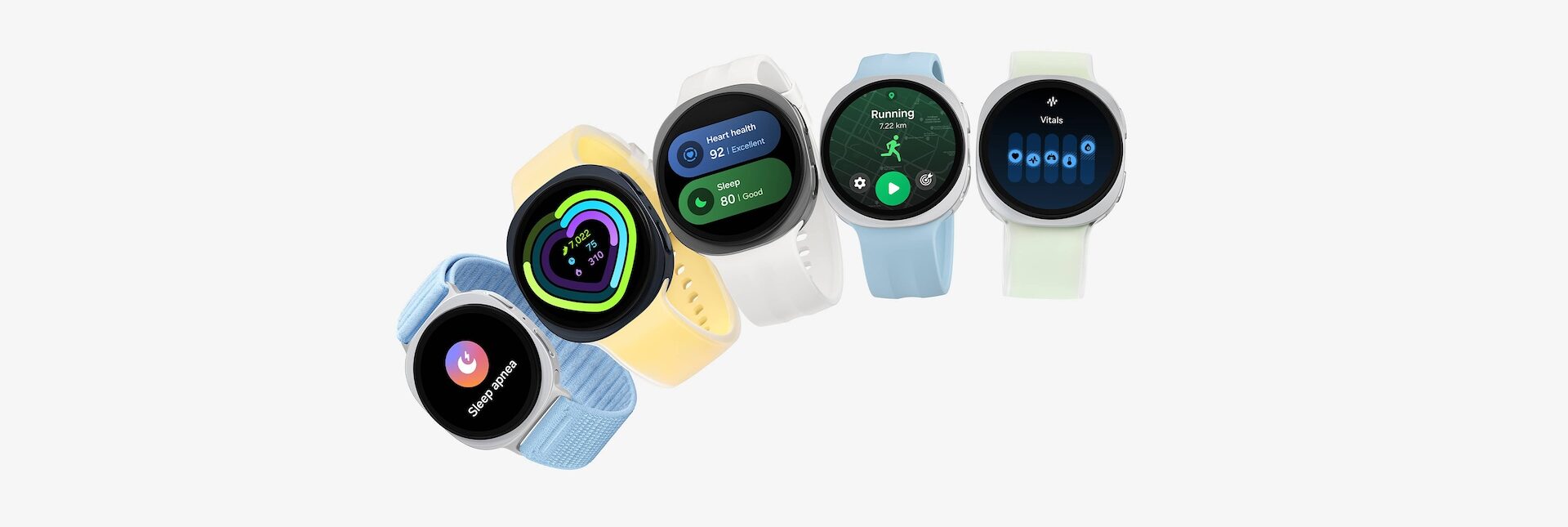 Pět hodinek Samsung Galaxy Watch9 s různými řemínky a obrazovkami aplikace Samsung Health